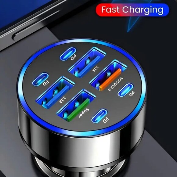 8-in-1 Car Phone Charger with QC3.0 Fast Charging, PD+USB Dual Output Hub - Picture 1 of 2